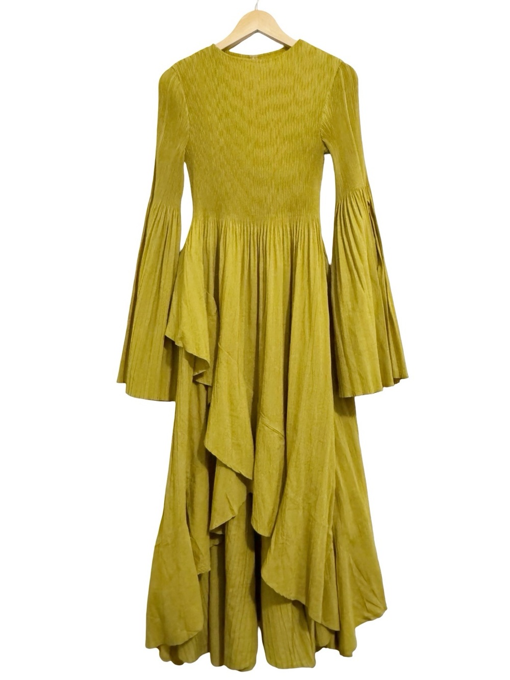 Oh So Modest Chartreuse Pleated Ruffle Maxi Dress OS